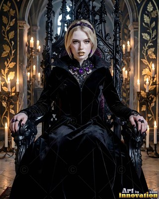 Seated on a dark carved throne, a blonde woman in black velvet stares forward