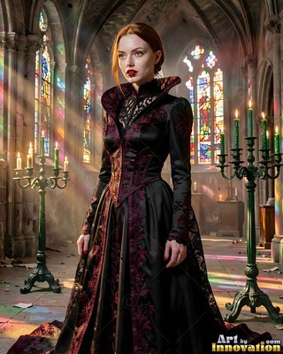 A woman dressed in a black and red gown stands in a church with stained glass light