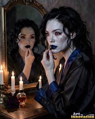 In front of a mirror with candles, a fair-skinned woman applies dark blue lipstick
