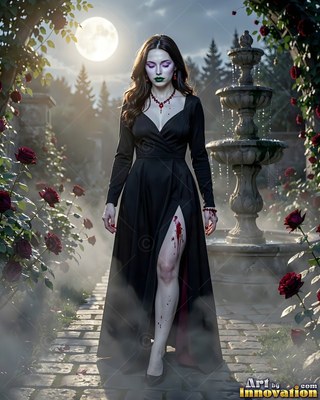 Walking through a rose garden at night, a light-skinned woman wears a slit black dress