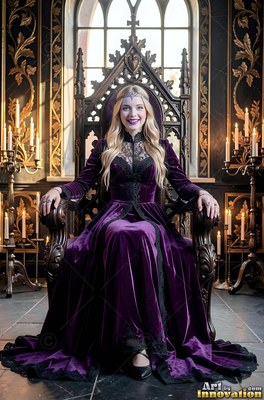 Woman in a purple velvet dress sits smiling on a wooden throne