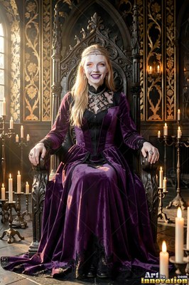 A woman in a purple velvet dress sits on a dark throne surrounded by lit candles