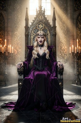 A blonde woman sits on a tall throne in a purple velvet gown under soft sunlight