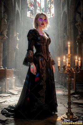 Standing in a cathedral, a blonde vampire woman wears a dark gown by a candelabra