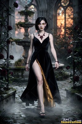 In a misty stone courtyard, a light-skinned woman walks forward in a black slit dress