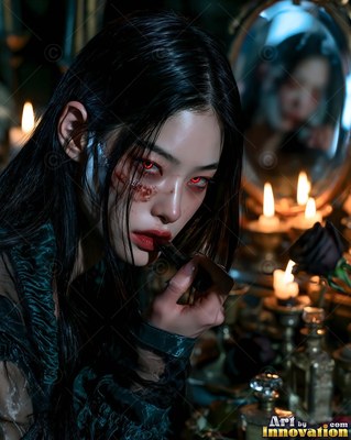 Applying dark lipstick, a pale woman with red eyes sits by warm candlelight