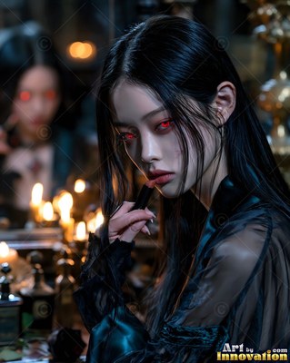 A pale-skinned woman with red eyes applies lipstick by candlelight