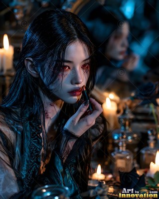 Red lipstick in hand, a fair-skinned woman sits before a mirror in soft candlelight