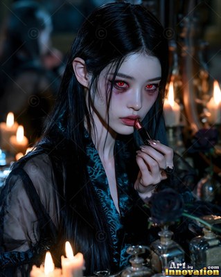 A fair-skinned woman applies red lipstick near candles that cast warm light on dark silk