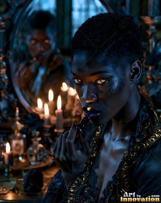 Leaning forward at a mirror, a dark woman applies black lipstick by candlelight