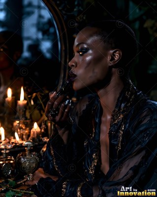 A dark-clad woman in a robe puts on lipstick near candles by a dark mirror