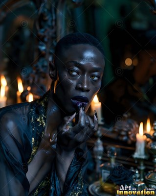 At a candlelit vanity, a woman touches dark lipstick to her lips