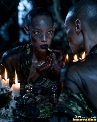 Applying dark lipstick in a mirror, a bald elf-eared woman sits by candlelight