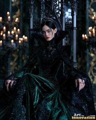 A pale woman in a dark green velvet gown seated on a black throne