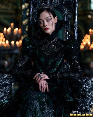 Dressed in a dark green lace gown, a white-skinned woman sits on a carved throne by candlelight