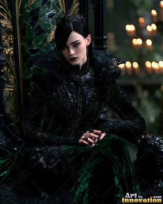 A pale woman sits on a throne, wearing a high-collared dark green velvet gown