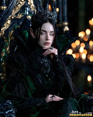 Seated on a dark throne, a pale crowned woman rests her chin on her hand