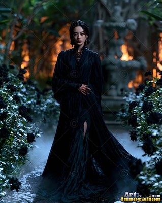 A woman in a long black dress stands on a foggy garden path lined with black roses