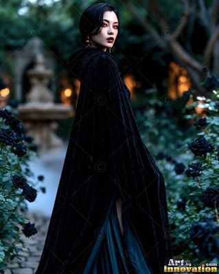In a dark rose garden, a light-skinned woman looks back in a black velvet cape