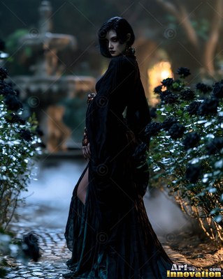 Standing along a stone garden path, a fair-skinned woman dressed in a black gown glances back near black roses