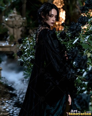 A woman in dark gown looks back beside black roses
