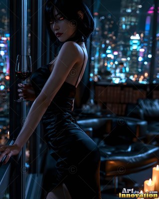 In a black silk dress, a pale woman holds wine by a penthouse window over city lights