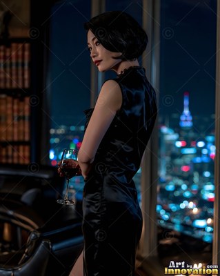 Standing in profile, a woman in dark dress holds wine by a city window