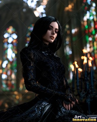 In a dark cathedral, a pale woman wearing a black lace gown stands by candlelight