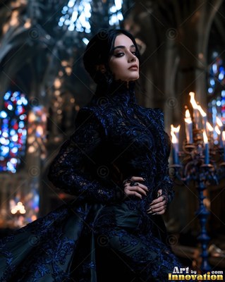 Posing with hands on hips, a light-skinned woman wears a dark navy gown in a cathedral