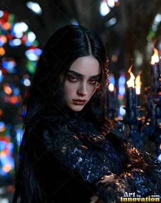 A dark-haired woman in black lace stands by burning candles