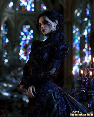 A pale woman in a black lace dress stands inside a cathedral near blue stained glass