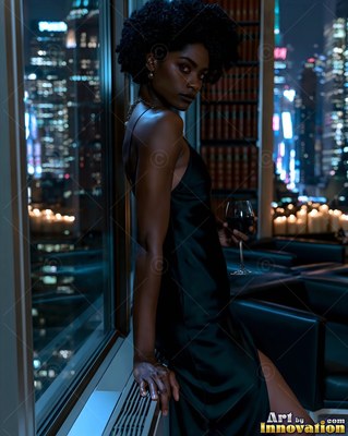 A woman leans by a high window holding a wine glass under cool blue city light