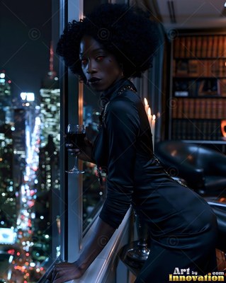 Leaning by a high penthouse window, a woman in black holds wine above city lights