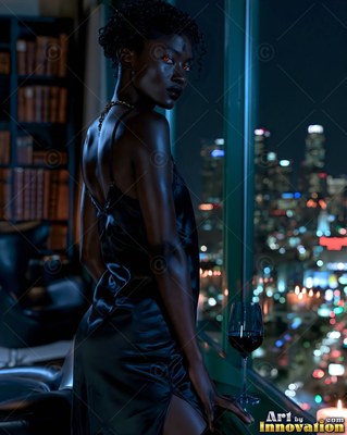 A dark-clad woman in a silk dress stands by a high window at night