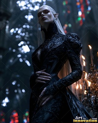 In a dark cathedral, a pale dark-clad woman in a gown looks upward past candles
