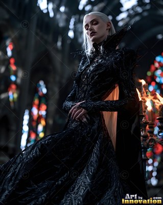 Standing in a dark church, a fair-skinned woman wears a high-collared floor-length black dress