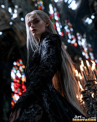 Pale woman with long white hair in a black lace dress