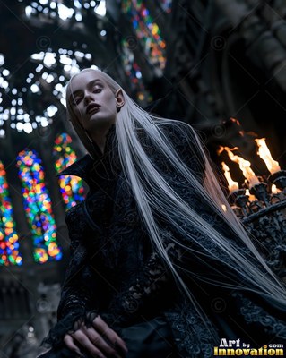 Very long white hair frames a fair-skinned woman in black inside a dark cathedral by candles