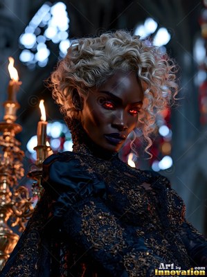 A woman stands beside burning candles, her dark skin catching the warm orange light