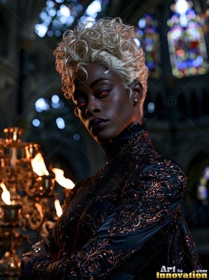Turned sideways in a dark cathedral, a woman with red eyes wears a black evening dress