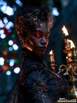 A Black woman with red eyes stands beside a brass candelabra in a black dress