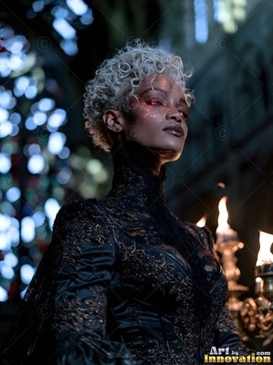 In a dark stone hall, a woman with curly silver hair wears a high-collared black gown