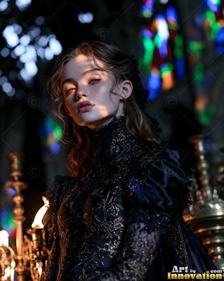 Looking up, a pale woman wears a high-necked black lace dress by candlelight