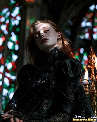 Pale woman wearing a long black dress by a stained glass window