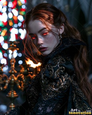 Bright red eyes mark a fair-skinned woman in a dark lace dress inside a dim chapel by candlelight