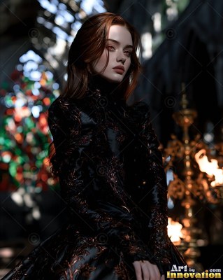 A red-haired woman in a black gown turns toward the soft window light