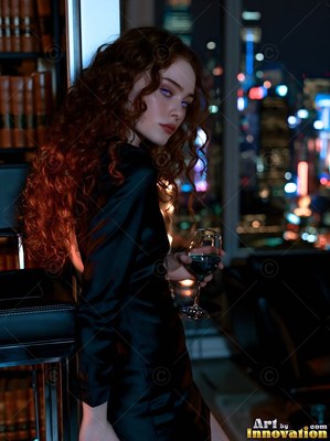 A red-haired woman holds a wine glass by a high window at night