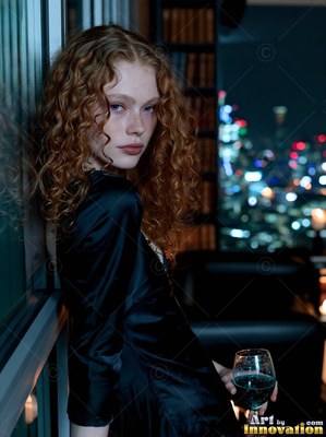In a dark penthouse by a window, a red-haired woman holds a wine glass