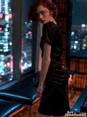 Holding a glass of red wine, a red-haired woman wearing a black dress looks back by city windows