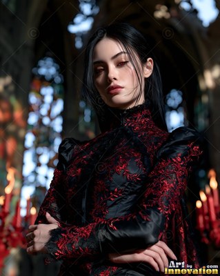 Woman dressed in a black and red lace gown standing in a cathedral